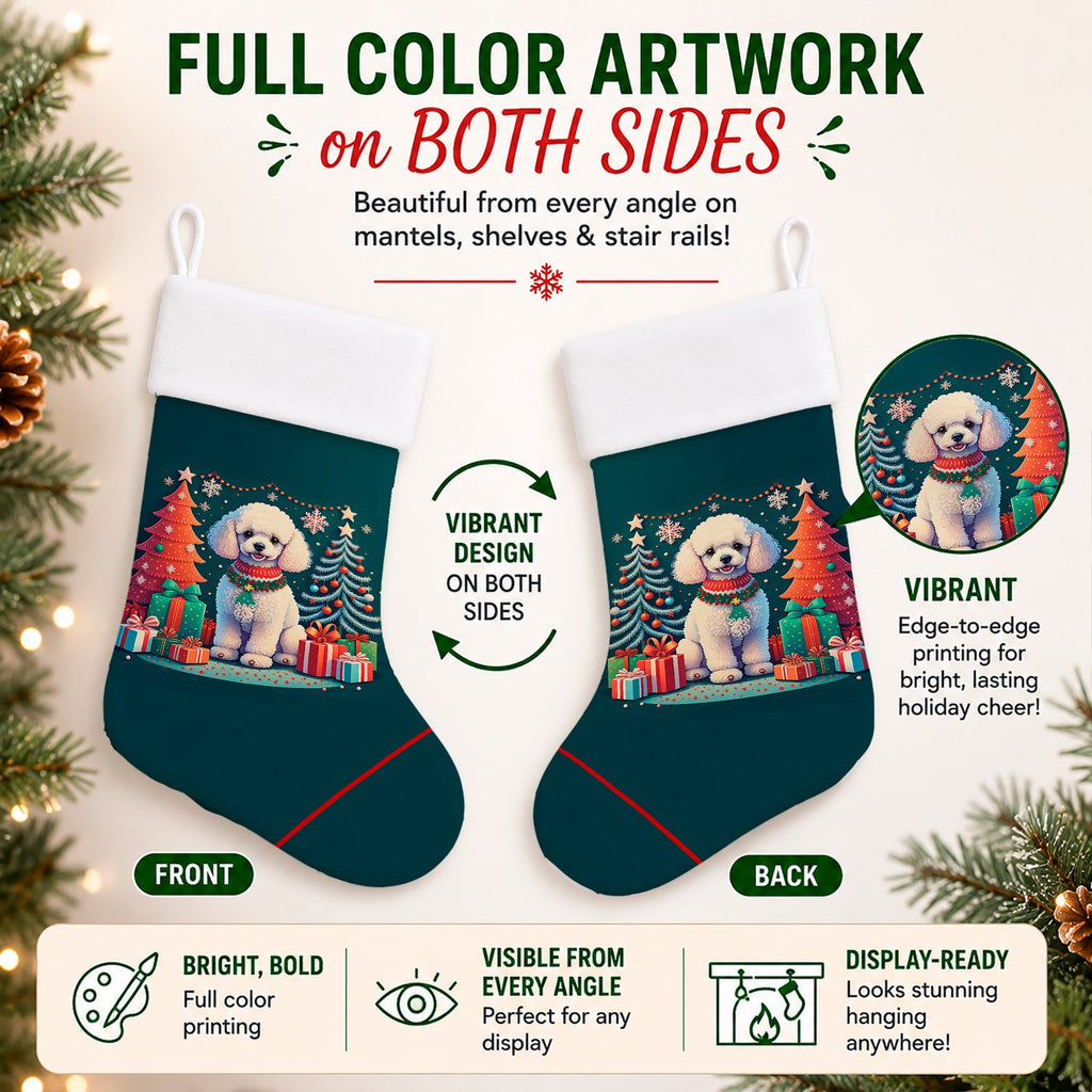 White Toy Poodle Christmas Holiday Stocking Double-Sided Print, Polyester Suede,11x18, Made in USA