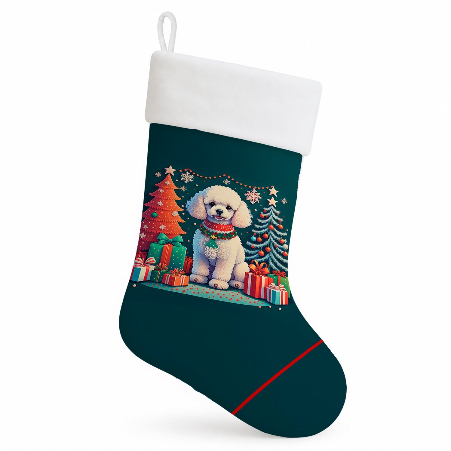 White Toy Poodle Christmas Holiday Stocking Double-Sided Print, Polyester Suede,11x18, Made in USA