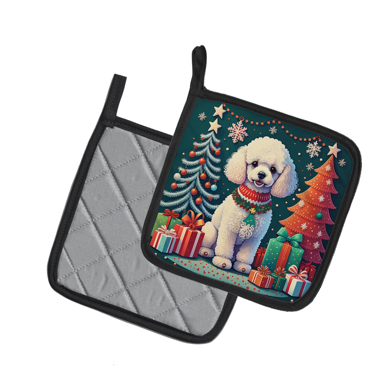 White Toy Poodle Christmas Pot Holder Set of 2 Heat Resistant Quilted Hot Pads 7.5 x 7.5 Inch, Insulated Kitchen Trivets for Cooking & Baking