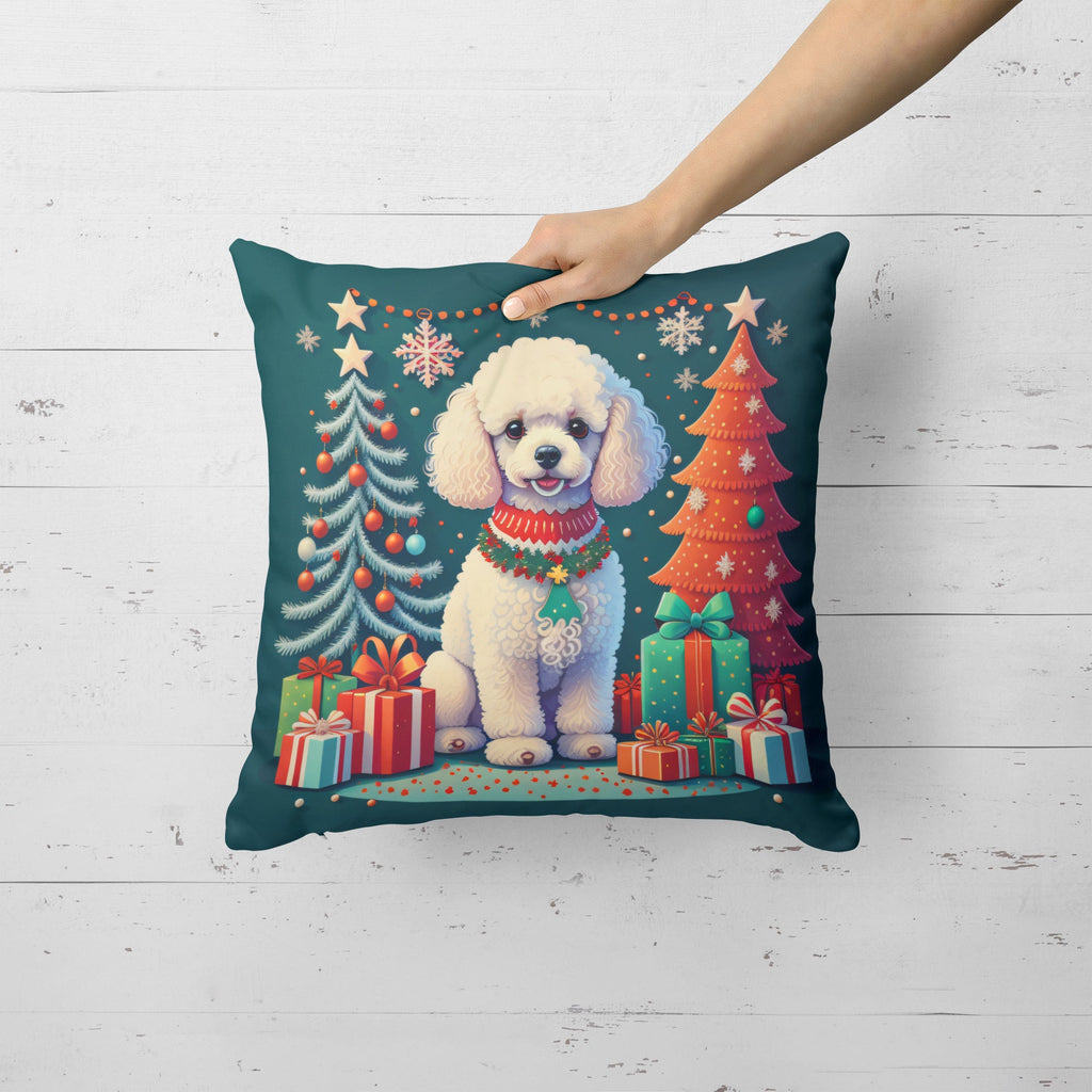 White Toy Poodle Christmas Decorative Throw Pillow 14x14 Indoor Outdoor Accent Cushion, Fabric Cover with Insert for Sofa, Bed, Porch & Living Room