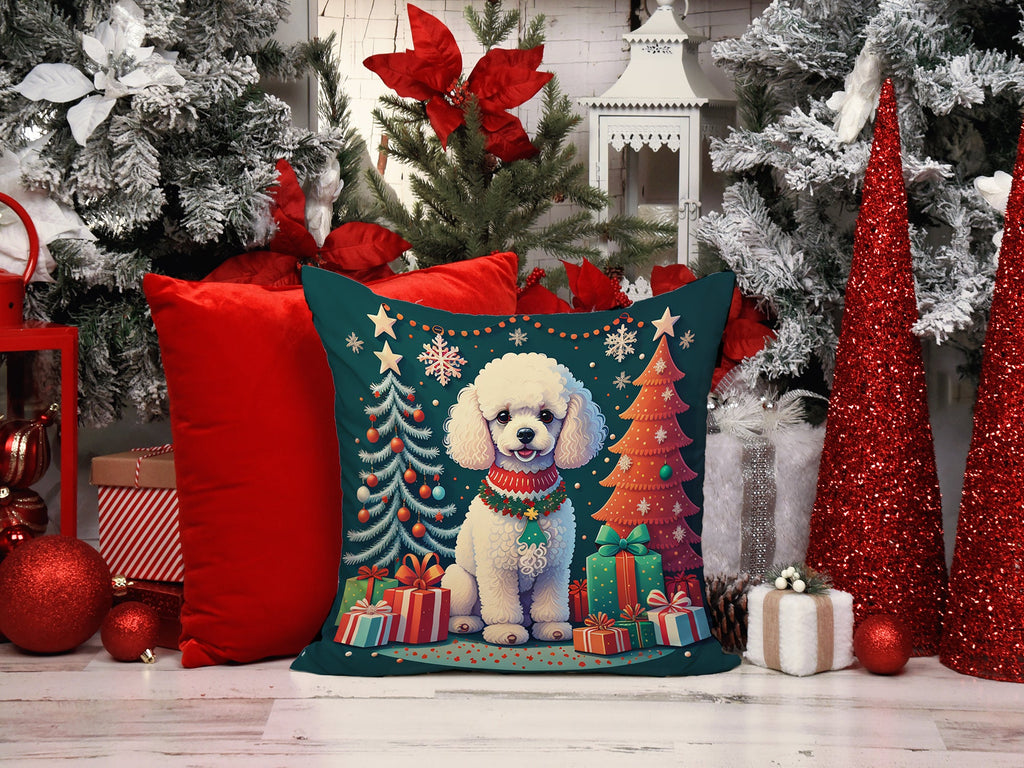 White Toy Poodle Christmas Decorative Throw Pillow 18x18 Indoor Outdoor Accent Cushion, Fabric Cover with Insert for Sofa, Bed, Porch & Living Room