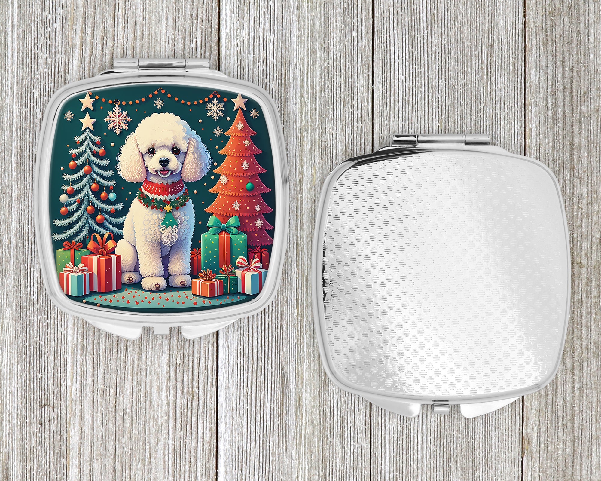 White Toy Poodle Christmas Compact Mirror Decorative Travel Makeup Mirror for Women Girls Gifts Pocket Makeup Mirror Folding Handheld
