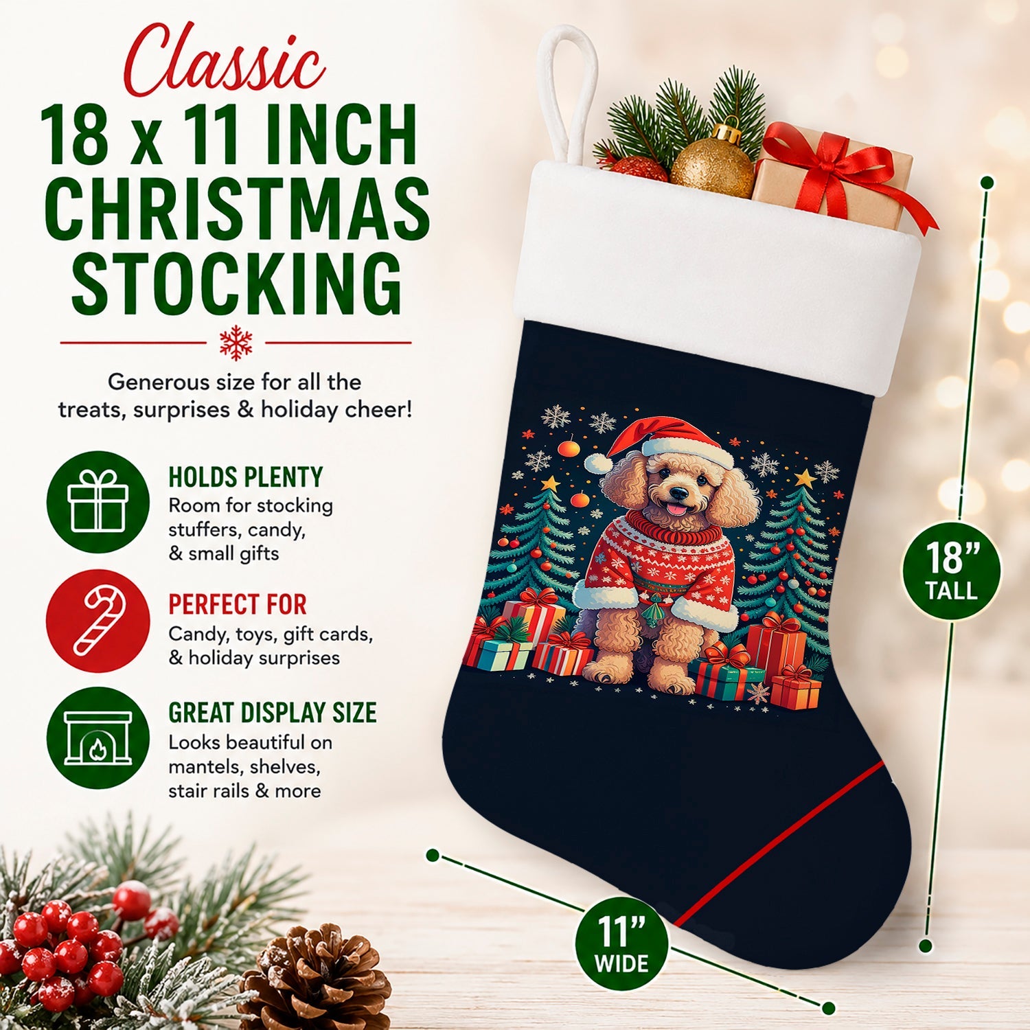Apricot Toy Poodle Christmas Holiday Stocking Double-Sided Print, Polyester Suede,11x18, Made in USA