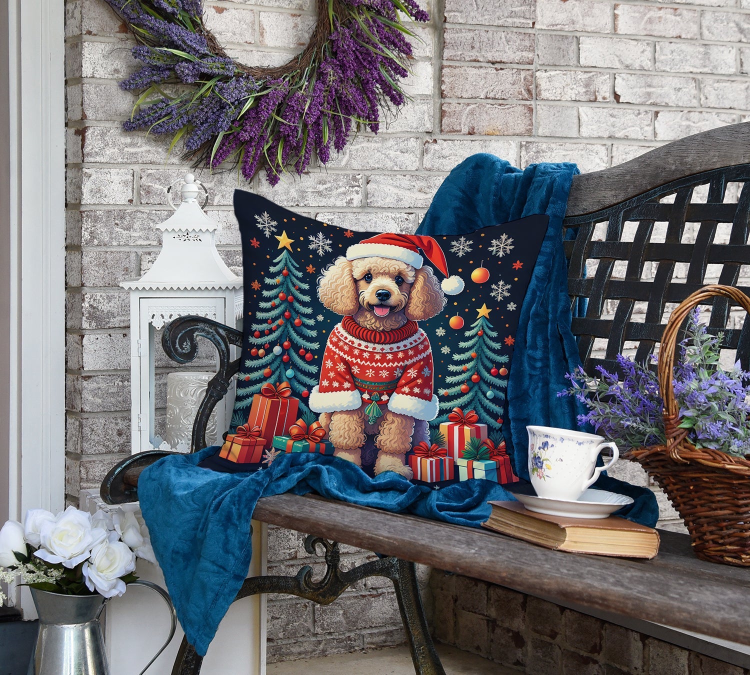 Apricot Toy Poodle Christmas Decorative Throw Pillow 18x18 Indoor Outdoor Accent Cushion, Fabric Cover with Insert for Sofa, Bed, Porch & Living Room