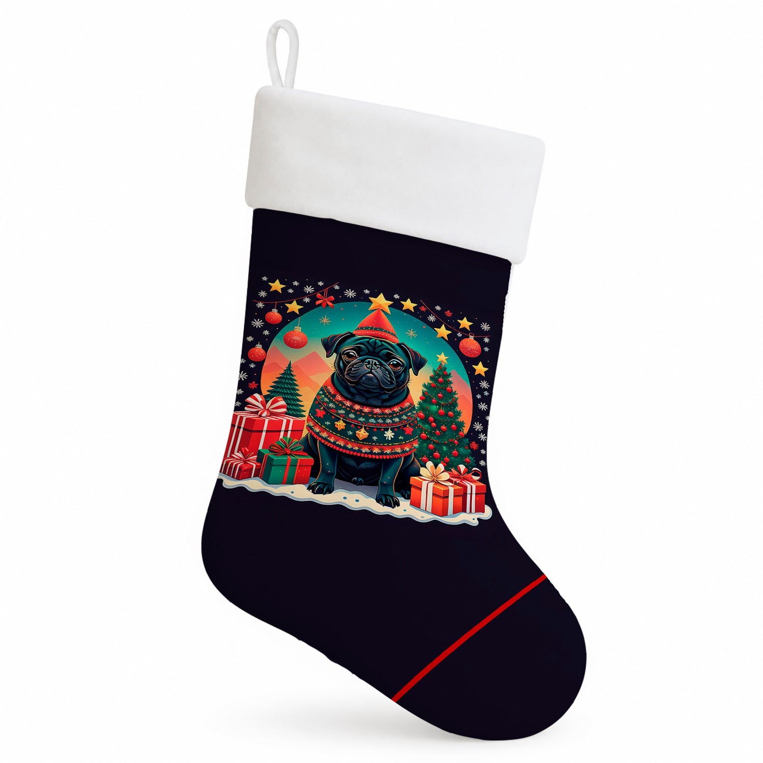 Black Pug Christmas Holiday Stocking Double-Sided Print, Polyester Suede,11x18, Made in USA