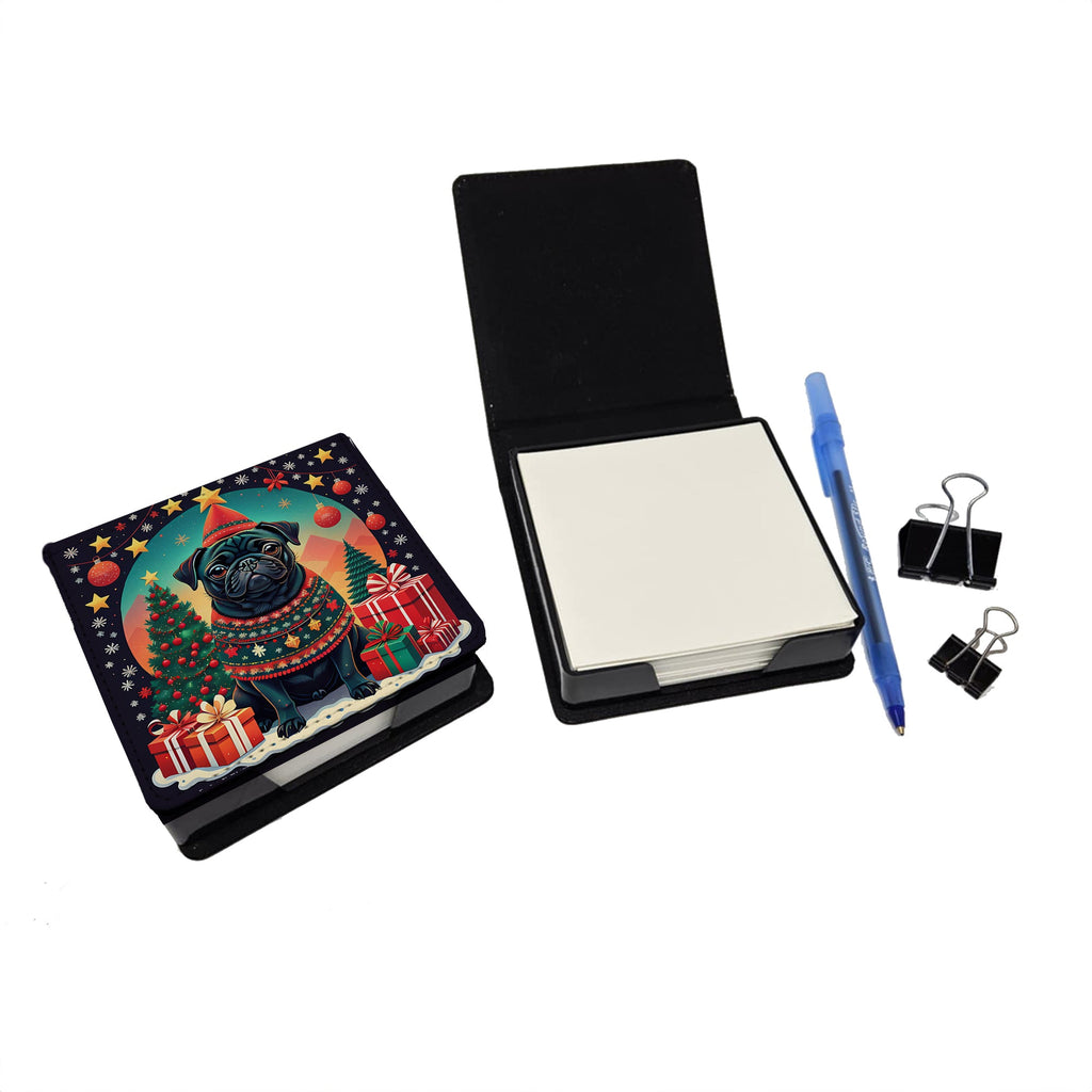 Black Pug Christmas PU Leather Note Paper Holder with Artist-Designed Cover, Desk Accessory, Office Gift