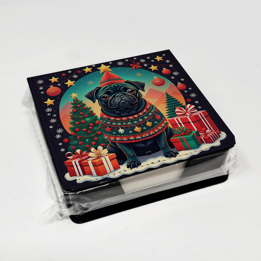 Black Pug Christmas PU Leather Note Paper Holder with Artist-Designed Cover, Desk Accessory, Office Gift