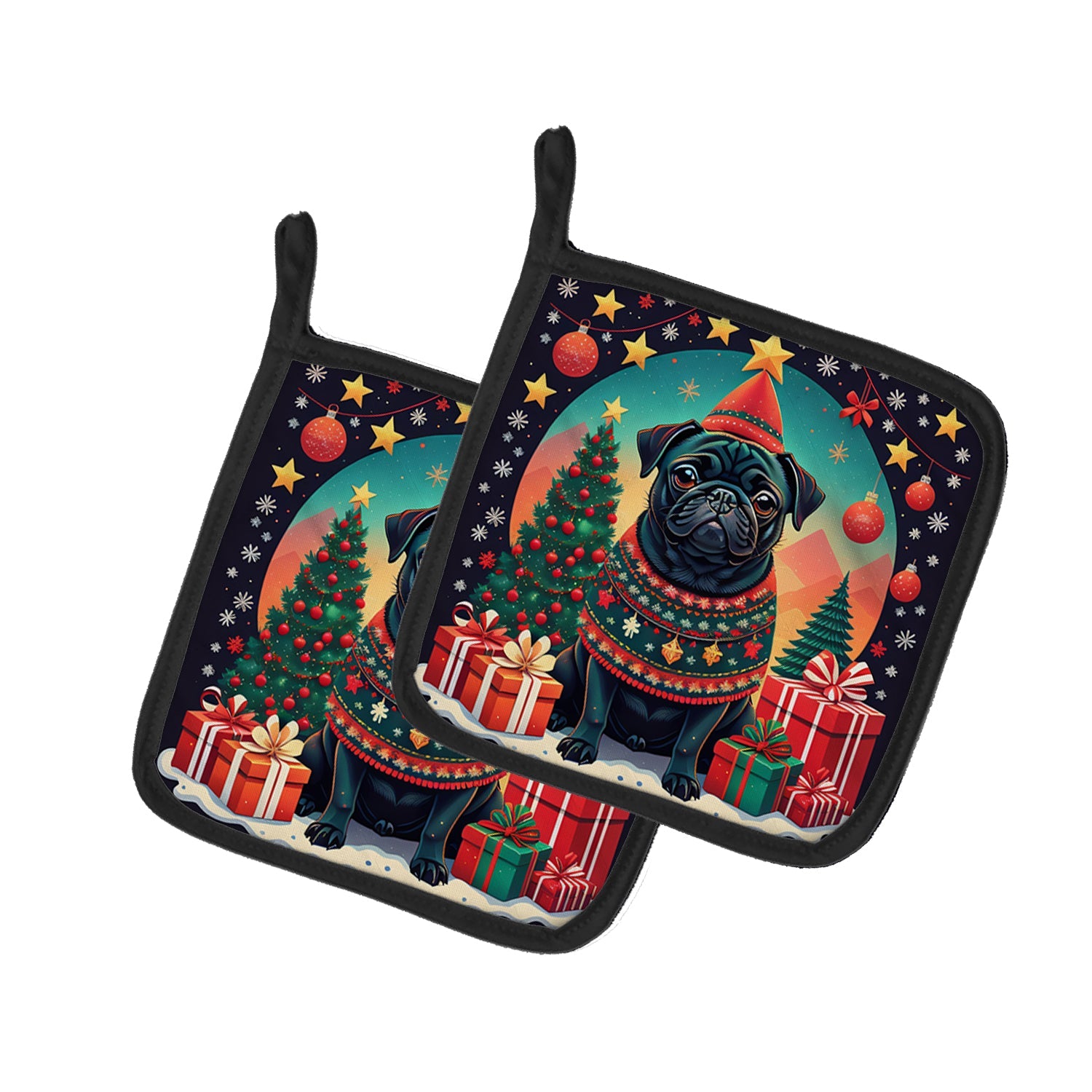 Black Pug Christmas Pot Holder Set of 2 Heat Resistant Quilted Hot Pads 7.5 x 7.5 Inch, Insulated Kitchen Trivets for Cooking & Baking