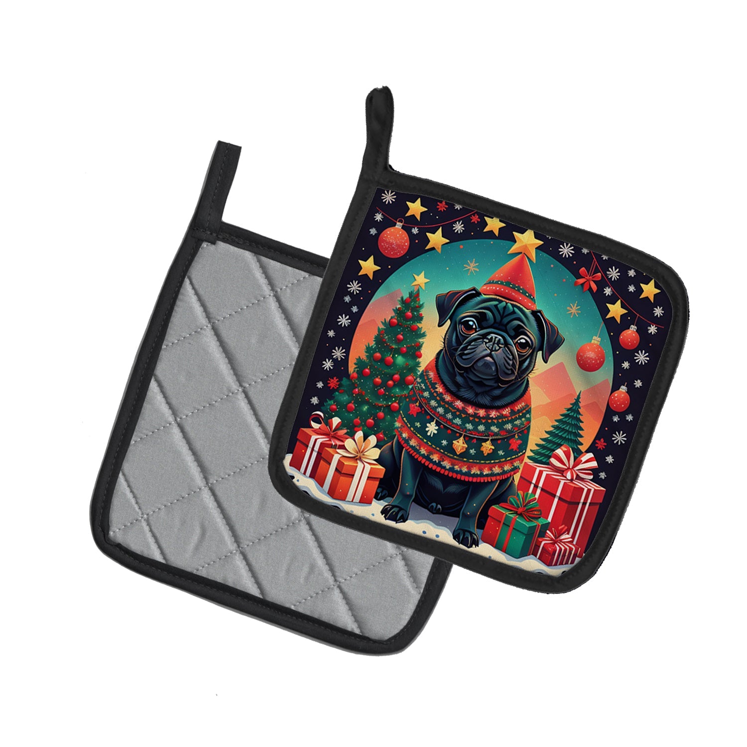 Black Pug Christmas Pot Holder Set of 2 Heat Resistant Quilted Hot Pads 7.5 x 7.5 Inch, Insulated Kitchen Trivets for Cooking & Baking