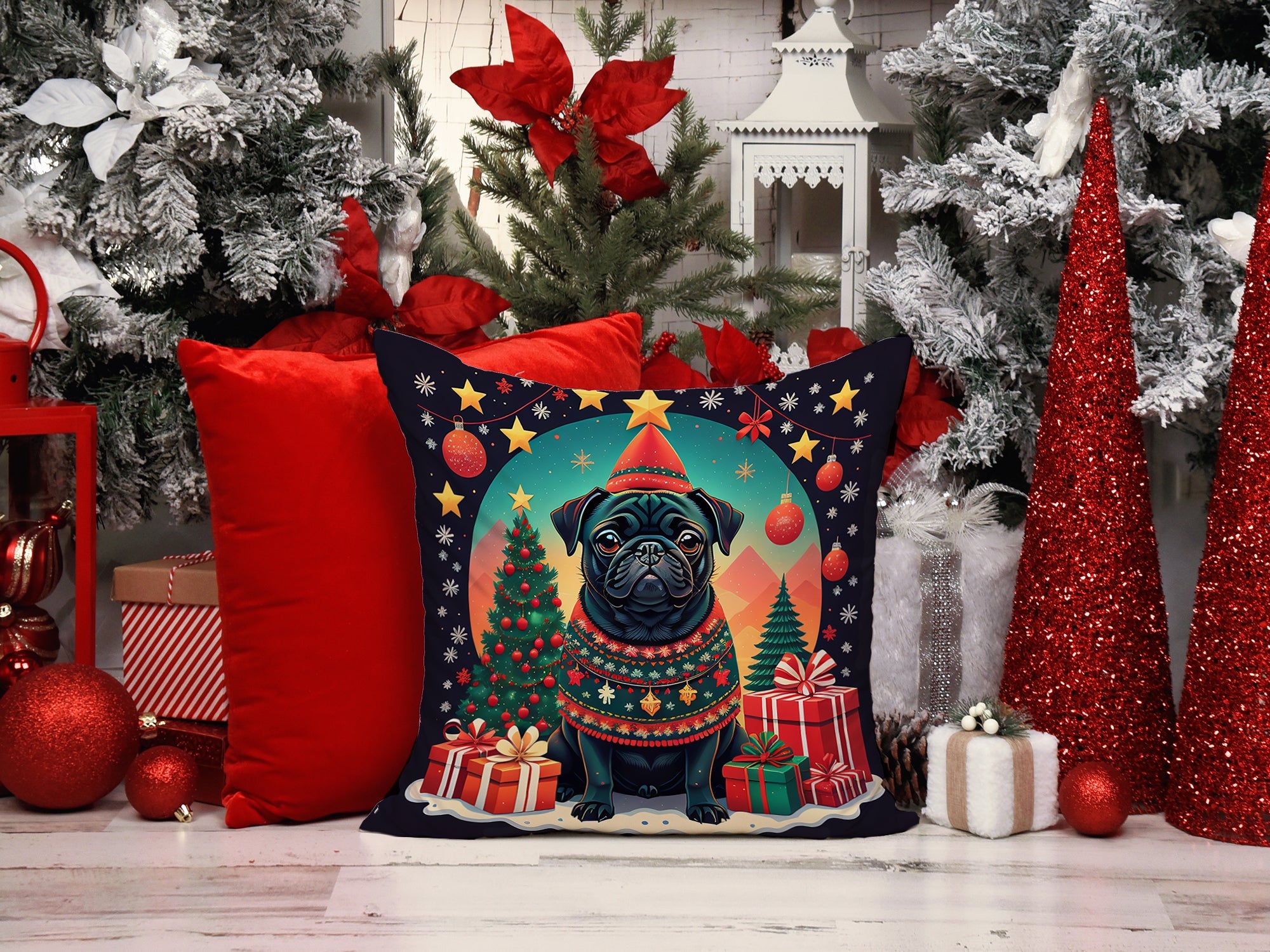 Black Pug Christmas Decorative Throw Pillow 18x18 Indoor Outdoor Accent Cushion, Fabric Cover with Insert for Sofa, Bed, Porch & Living Room