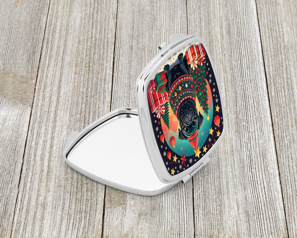 Black Pug Christmas Compact Mirror Decorative Travel Makeup Mirror for Women Girls Gifts Pocket Makeup Mirror Folding Handheld