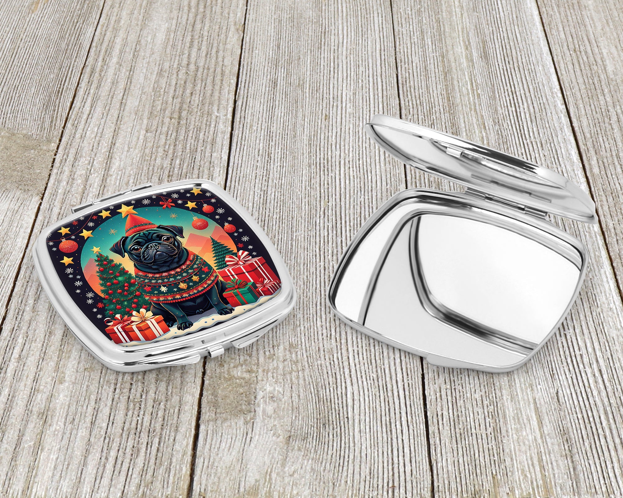 Black Pug Christmas Compact Mirror Decorative Travel Makeup Mirror for Women Girls Gifts Pocket Makeup Mirror Folding Handheld
