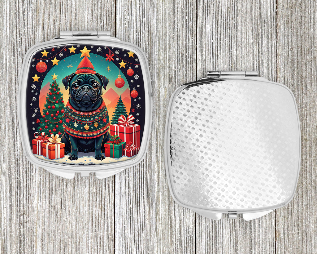 Black Pug Christmas Compact Mirror Decorative Travel Makeup Mirror for Women Girls Gifts Pocket Makeup Mirror Folding Handheld