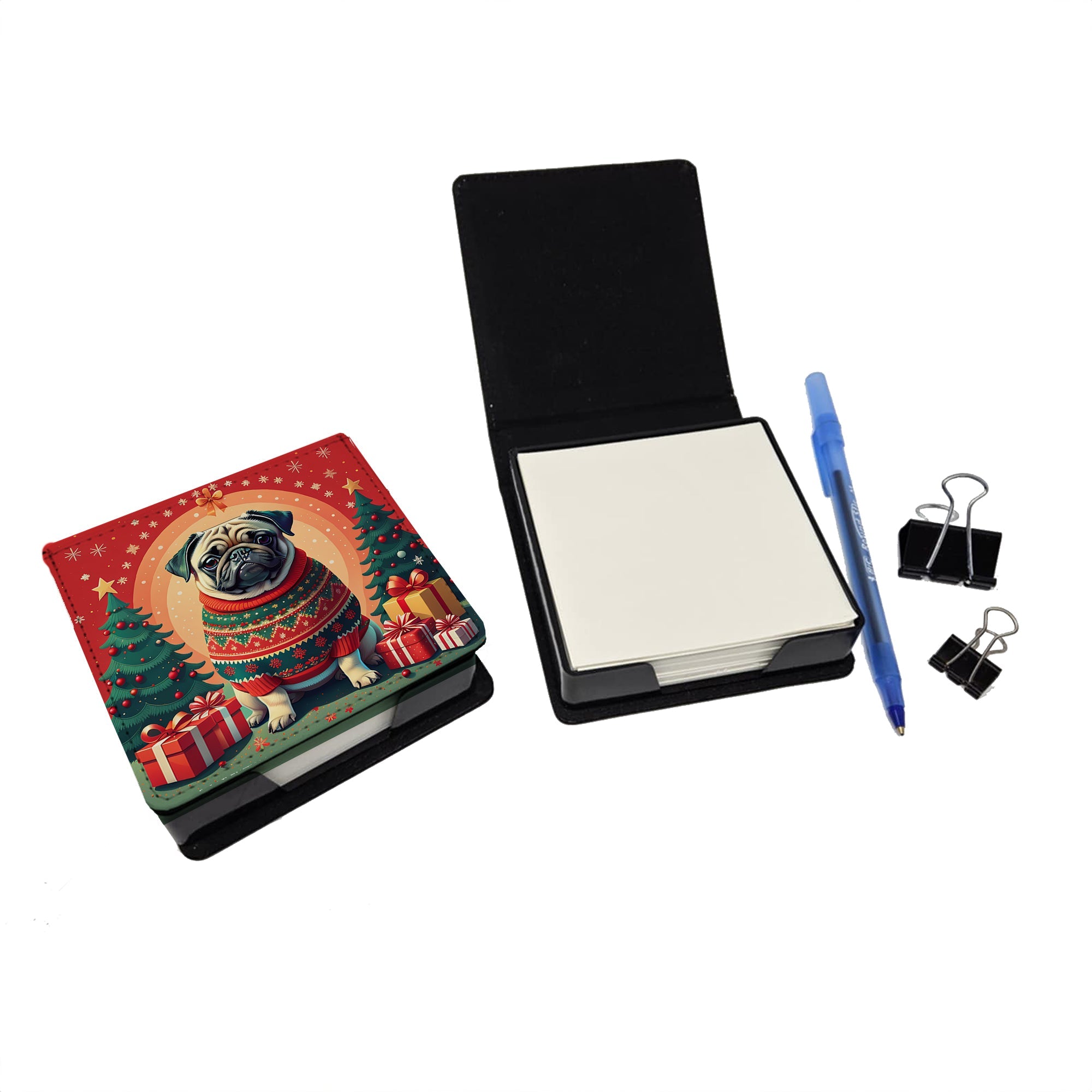 Fawn Pug Christmas PU Leather Note Paper Holder with Artist-Designed Cover, Desk Accessory, Office Gift