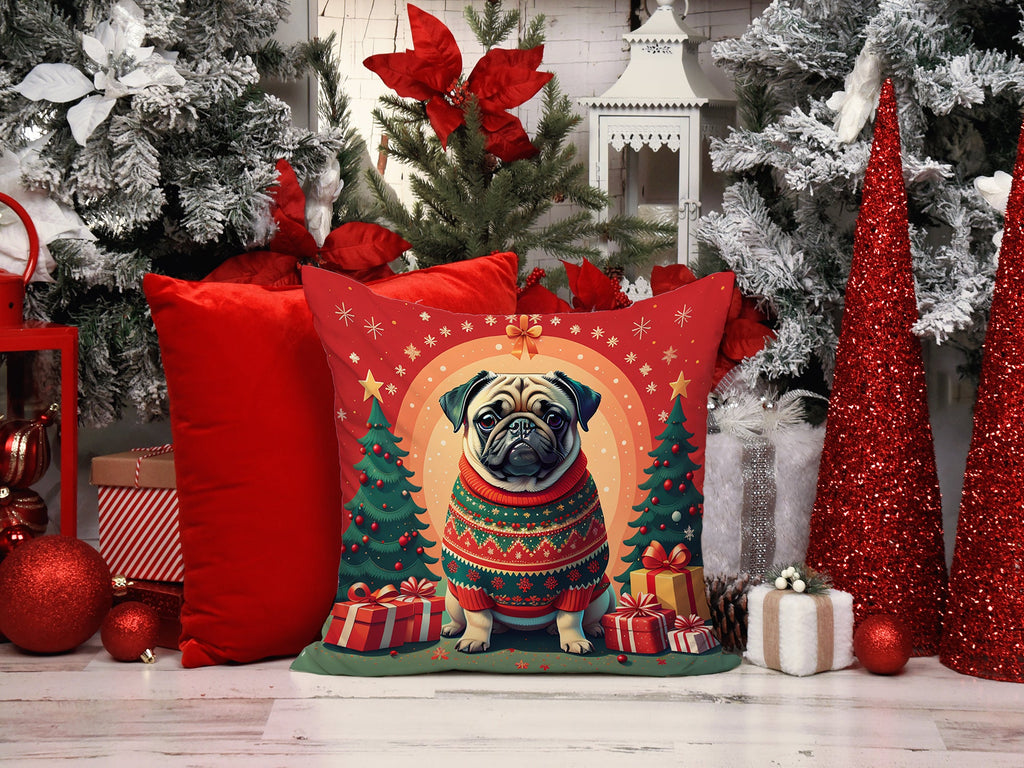 Fawn Pug Christmas Decorative Throw Pillow 14x14 Indoor Outdoor Accent Cushion, Fabric Cover with Insert for Sofa, Bed, Porch & Living Room