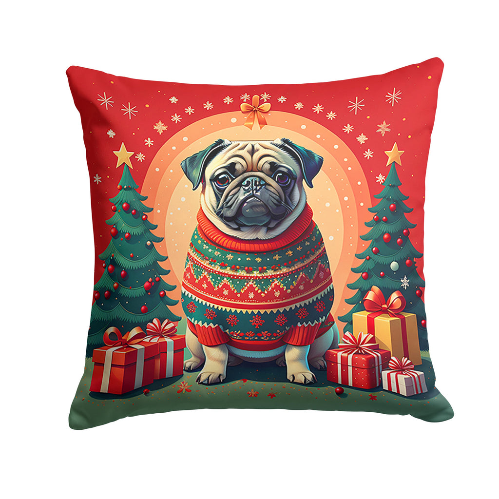 Fawn Pug Christmas Decorative Throw Pillow 18x18 Indoor Outdoor Accent Cushion, Fabric Cover with Insert for Sofa, Bed, Porch & Living Room