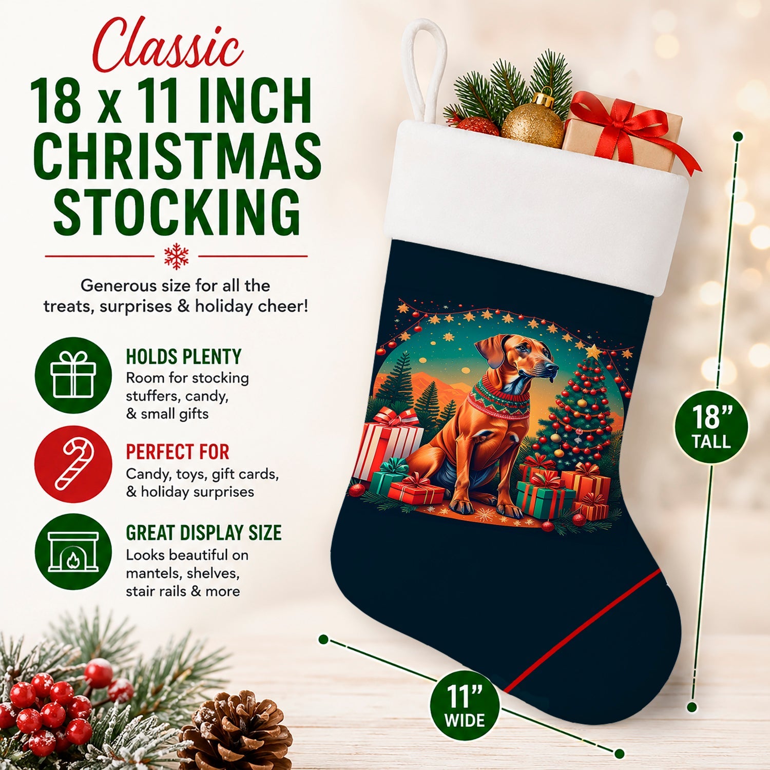 Rhodesian Ridgeback Christmas Holiday Stocking Double-Sided Print, Polyester Suede,11x18, Made in USA