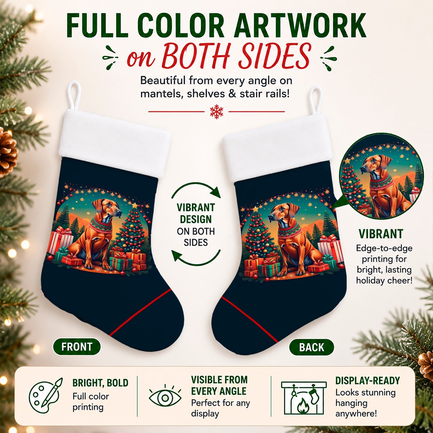 Rhodesian Ridgeback Christmas Holiday Stocking Double-Sided Print, Polyester Suede,11x18, Made in USA