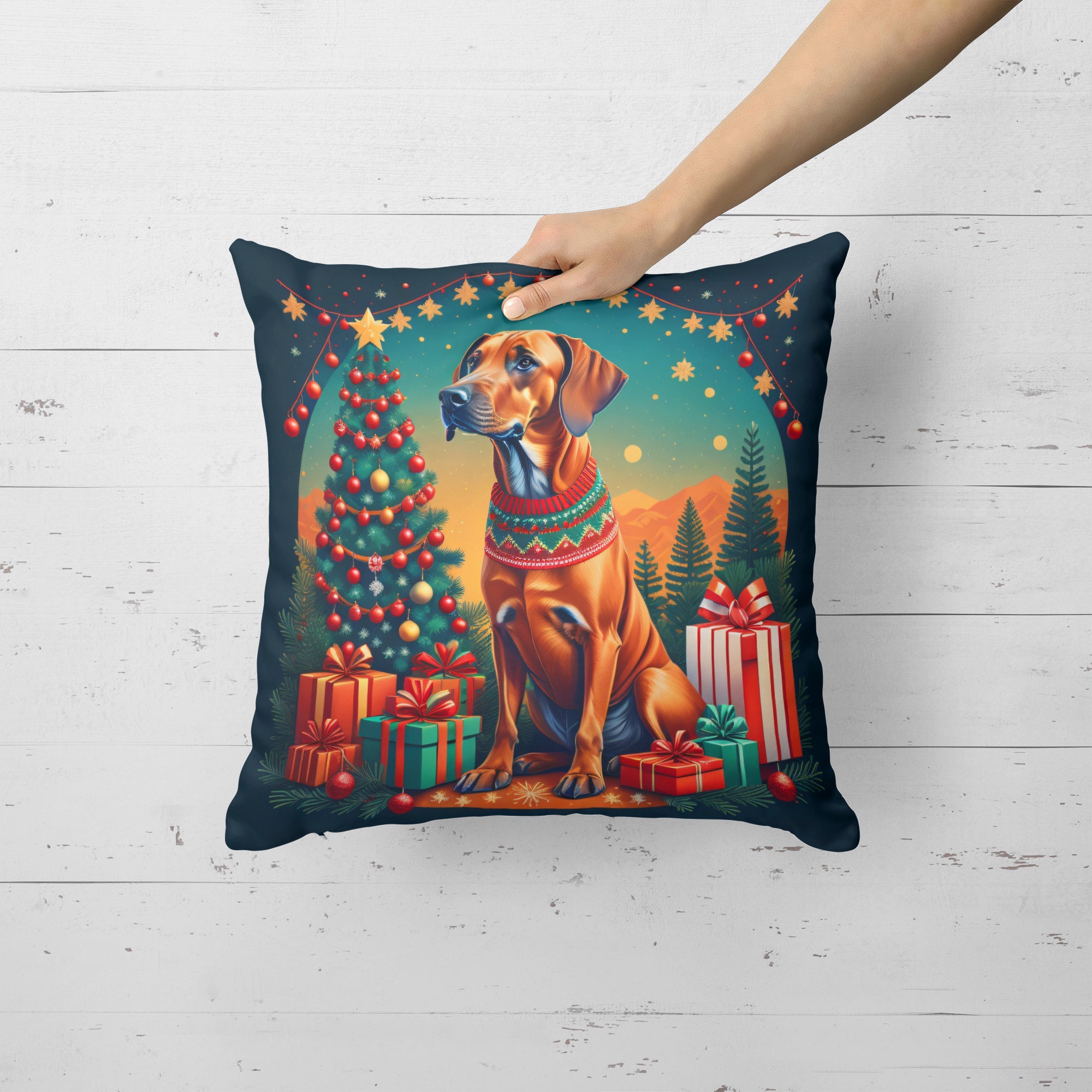 Rhodesian Ridgeback Christmas Decorative Throw Pillow 14x14 Indoor Outdoor Accent Cushion, Fabric Cover with Insert for Sofa, Bed, Porch & Living Room