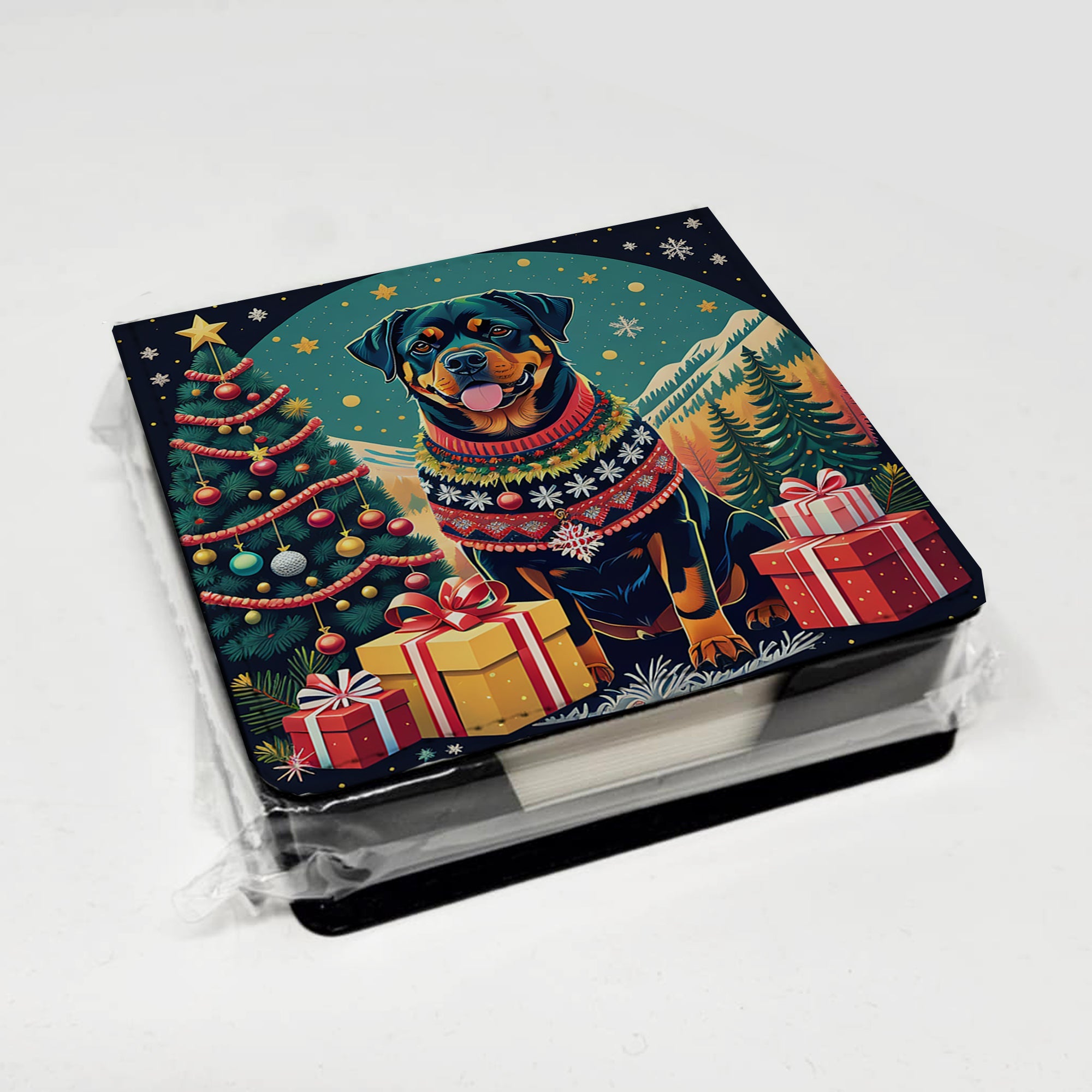 Rottweiler Christmas PU Leather Note Paper Holder with Artist-Designed Cover, Desk Accessory, Office Gift