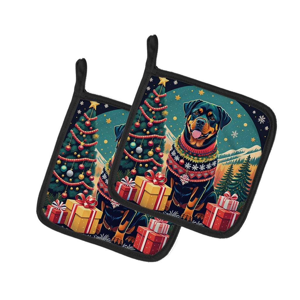Rottweiler Christmas Pot Holder Set of 2 Heat Resistant Quilted Hot Pads 7.5 x 7.5 Inch, Insulated Kitchen Trivets for Cooking & Baking