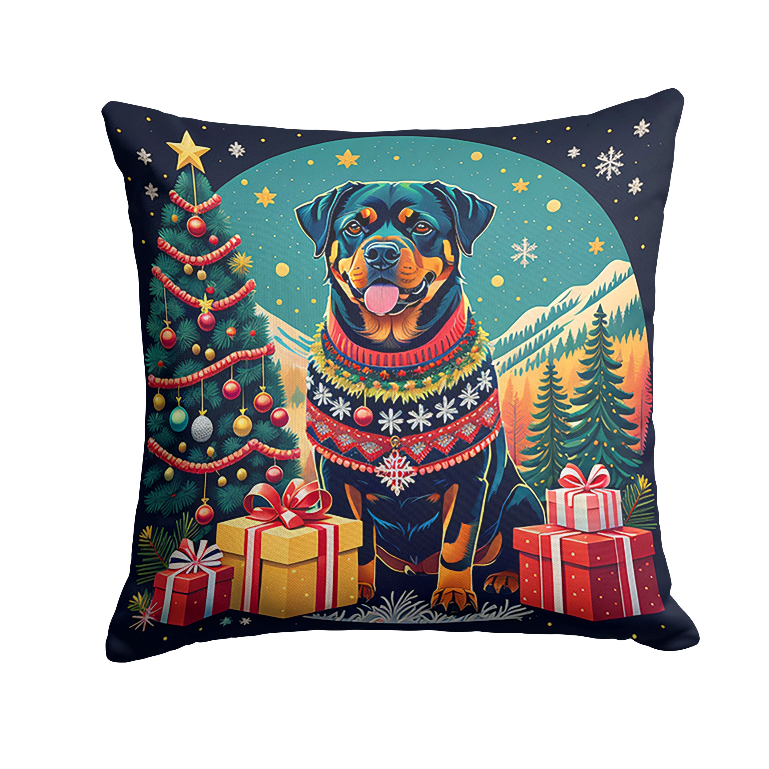 Rottweiler Christmas Decorative Throw Pillow 14x14 Indoor Outdoor Accent Cushion, Fabric Cover with Insert for Sofa, Bed, Porch & Living Room