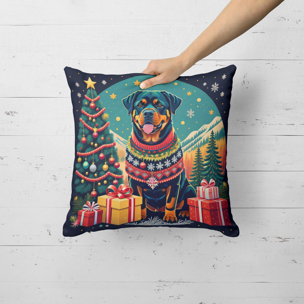 Rottweiler Christmas Decorative Throw Pillow 14x14 Indoor Outdoor Accent Cushion, Fabric Cover with Insert for Sofa, Bed, Porch & Living Room