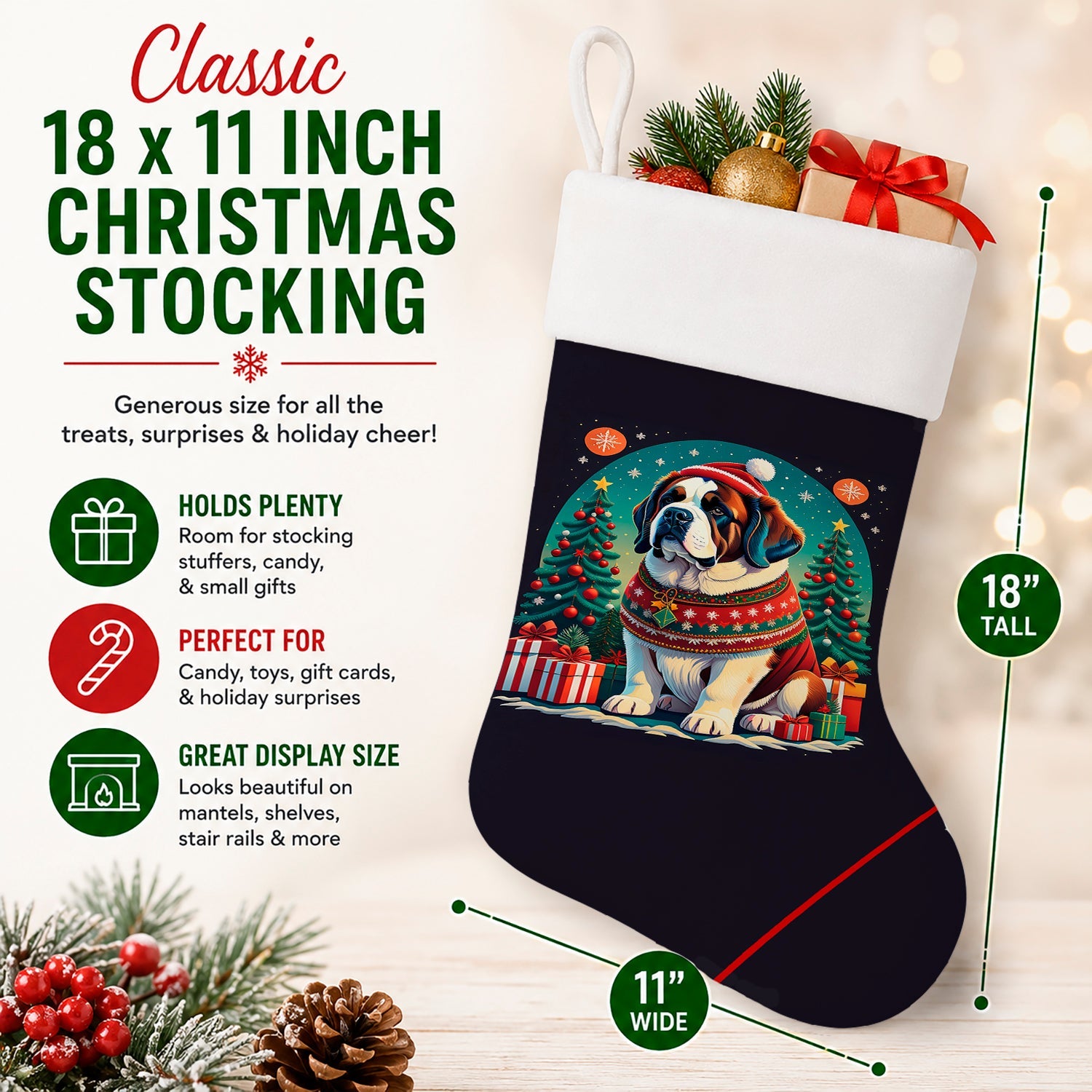 Saint Bernard Christmas Holiday Stocking Double-Sided Print, Polyester Suede,11x18, Made in USA