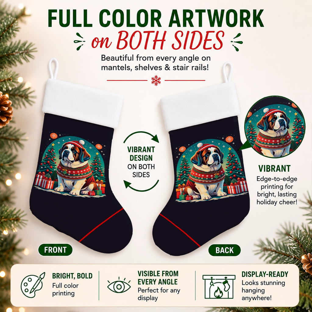 Saint Bernard Christmas Holiday Stocking Double-Sided Print, Polyester Suede,11x18, Made in USA