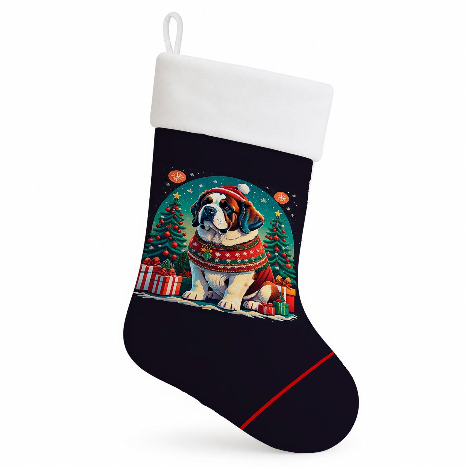 Saint Bernard Christmas Holiday Stocking Double-Sided Print, Polyester Suede,11x18, Made in USA