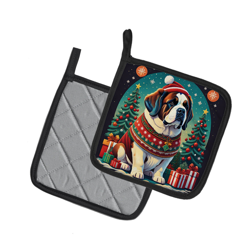 Saint Bernard Christmas Pot Holder Set of 2 Heat Resistant Quilted Hot Pads 7.5 x 7.5 Inch, Insulated Kitchen Trivets for Cooking & Baking