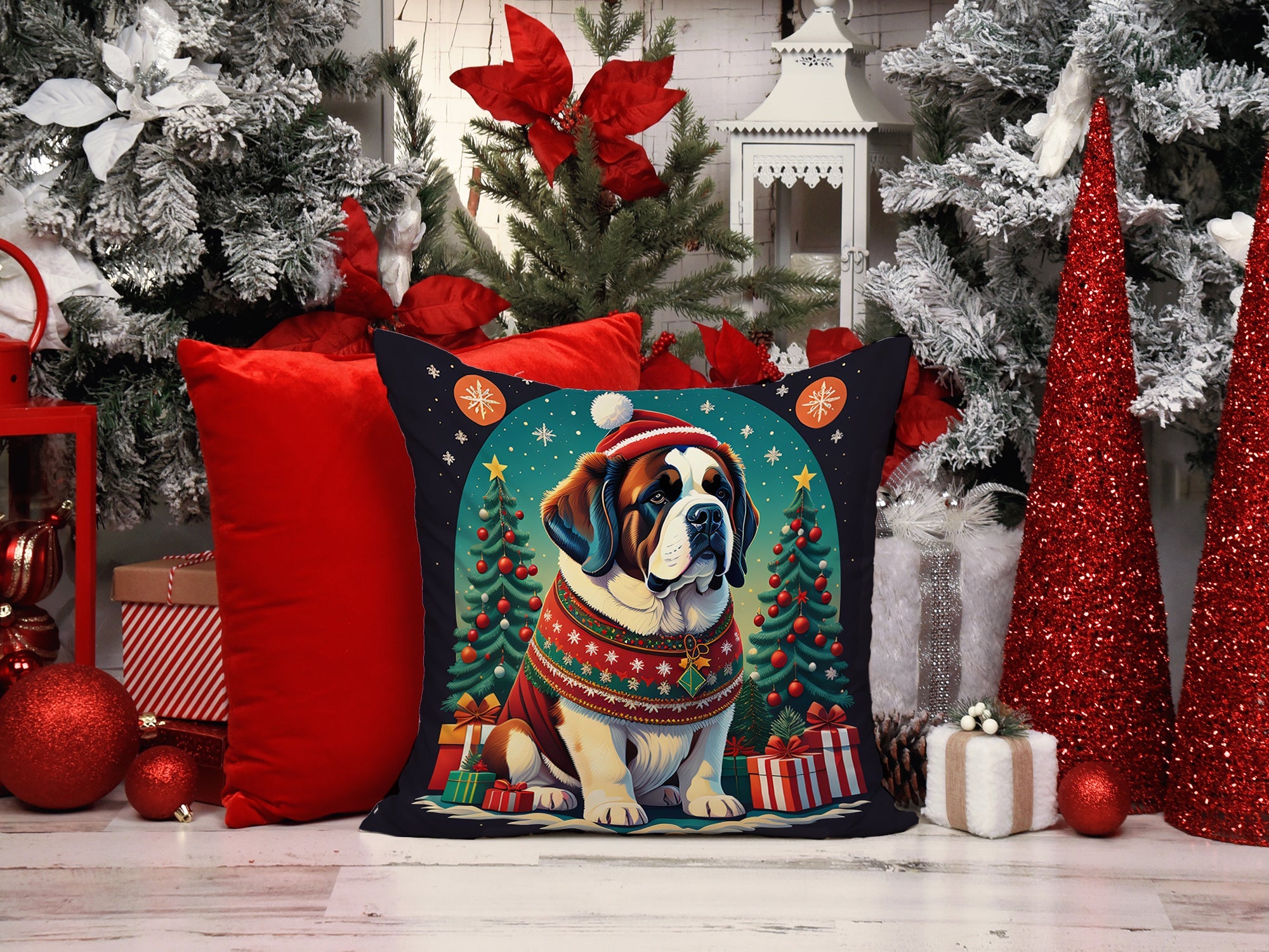 Saint Bernard Christmas Decorative Throw Pillow 14x14 Indoor Outdoor Accent Cushion, Fabric Cover with Insert for Sofa, Bed, Porch & Living Room