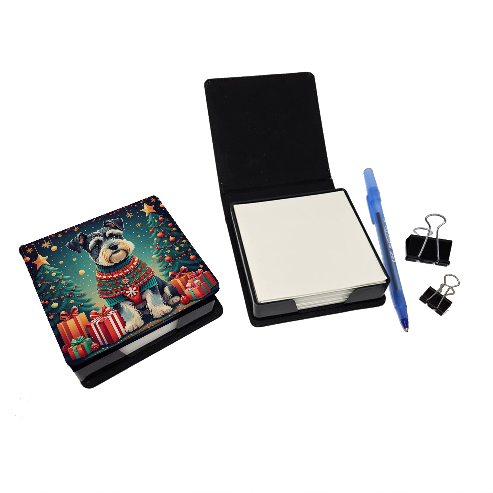 Schnauzer Christmas PU Leather Note Paper Holder with Artist-Designed Cover, Desk Accessory, Office Gift