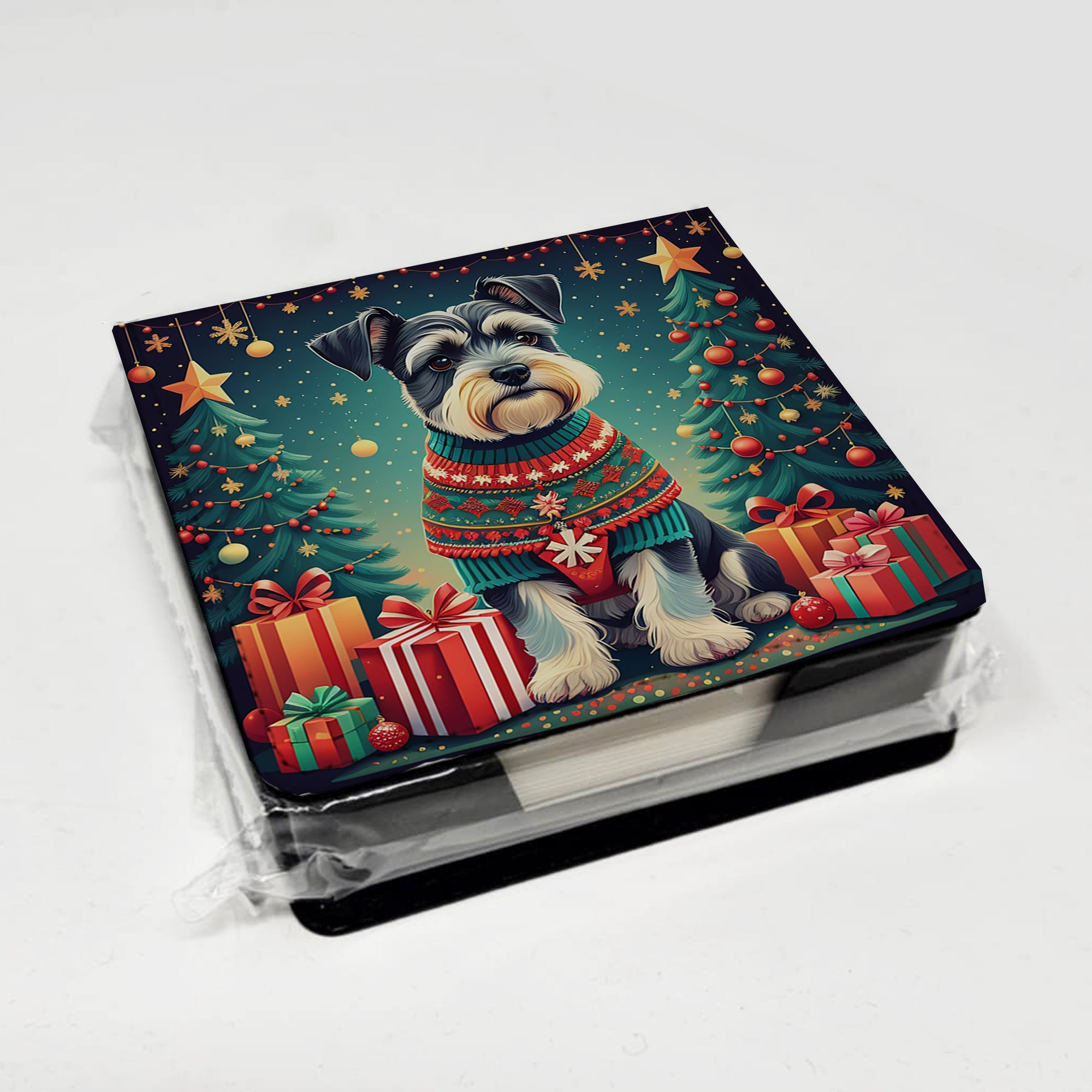 Schnauzer Christmas PU Leather Note Paper Holder with Artist-Designed Cover, Desk Accessory, Office Gift