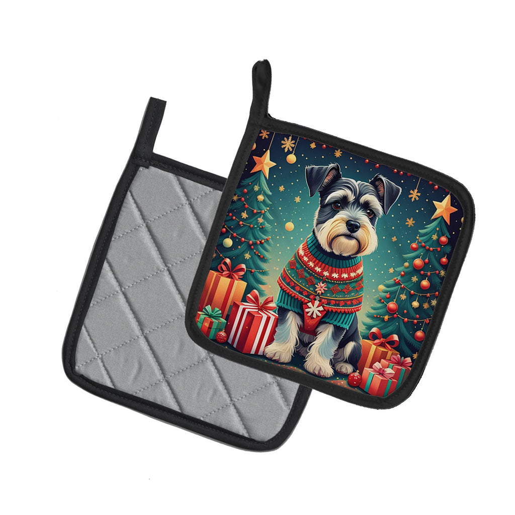 Schnauzer Christmas Pot Holder Set of 2 Heat Resistant Quilted Hot Pads 7.5 x 7.5 Inch, Insulated Kitchen Trivets for Cooking & Baking
