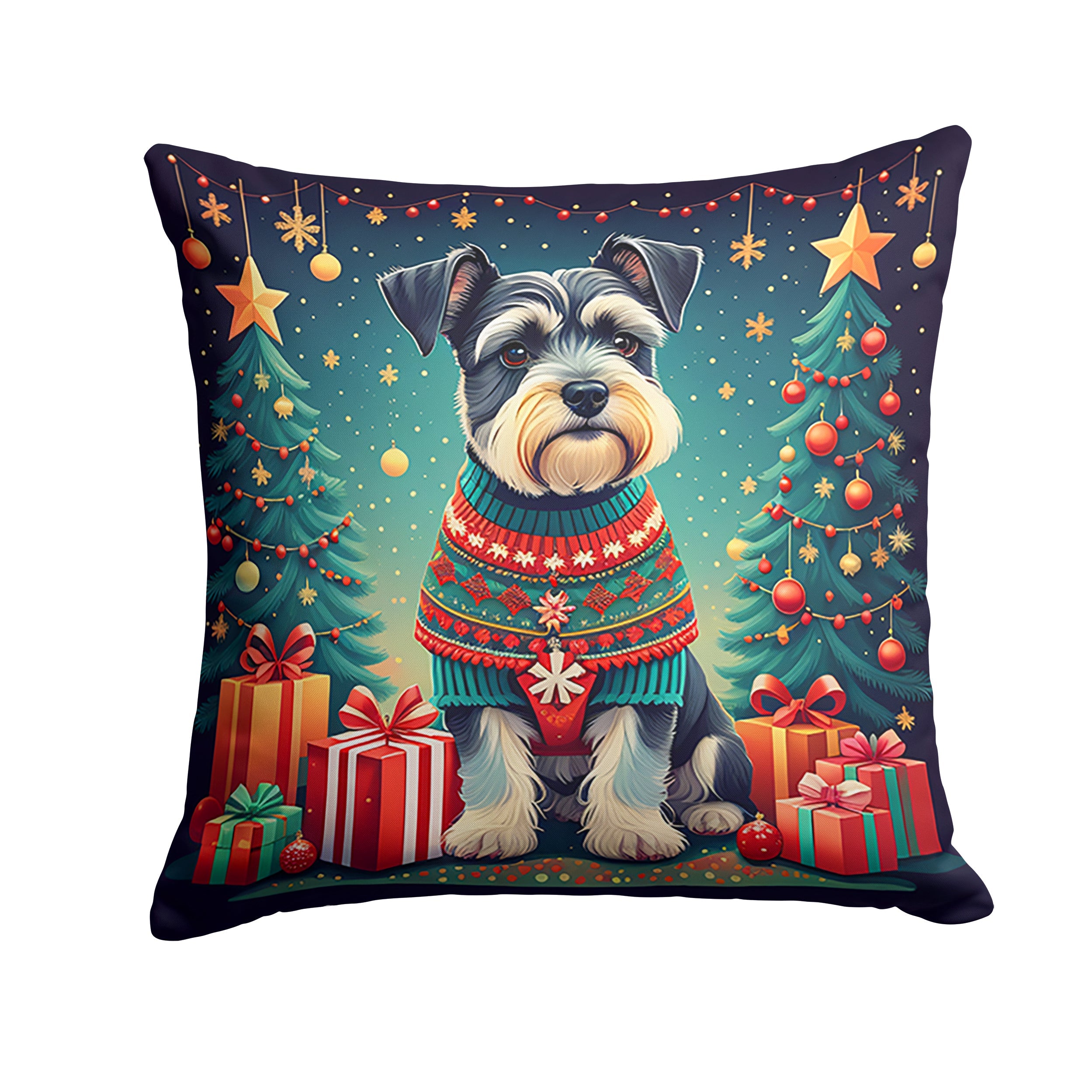 Schnauzer Christmas Decorative Throw Pillow 14x14 Indoor Outdoor Accent Cushion, Fabric Cover with Insert for Sofa, Bed, Porch & Living Room