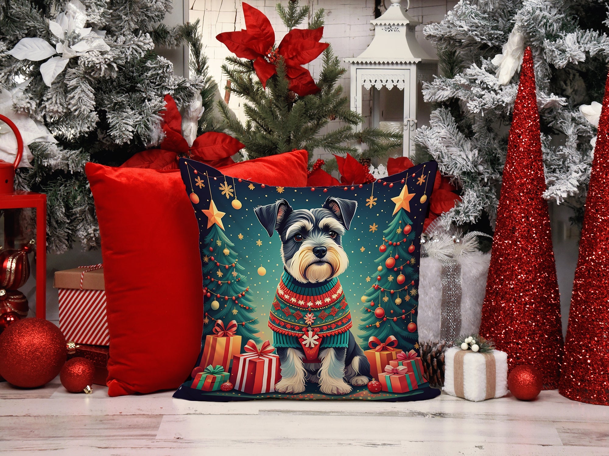 Schnauzer Christmas Decorative Throw Pillow 18x18 Indoor Outdoor Accent Cushion, Fabric Cover with Insert for Sofa, Bed, Porch & Living Room