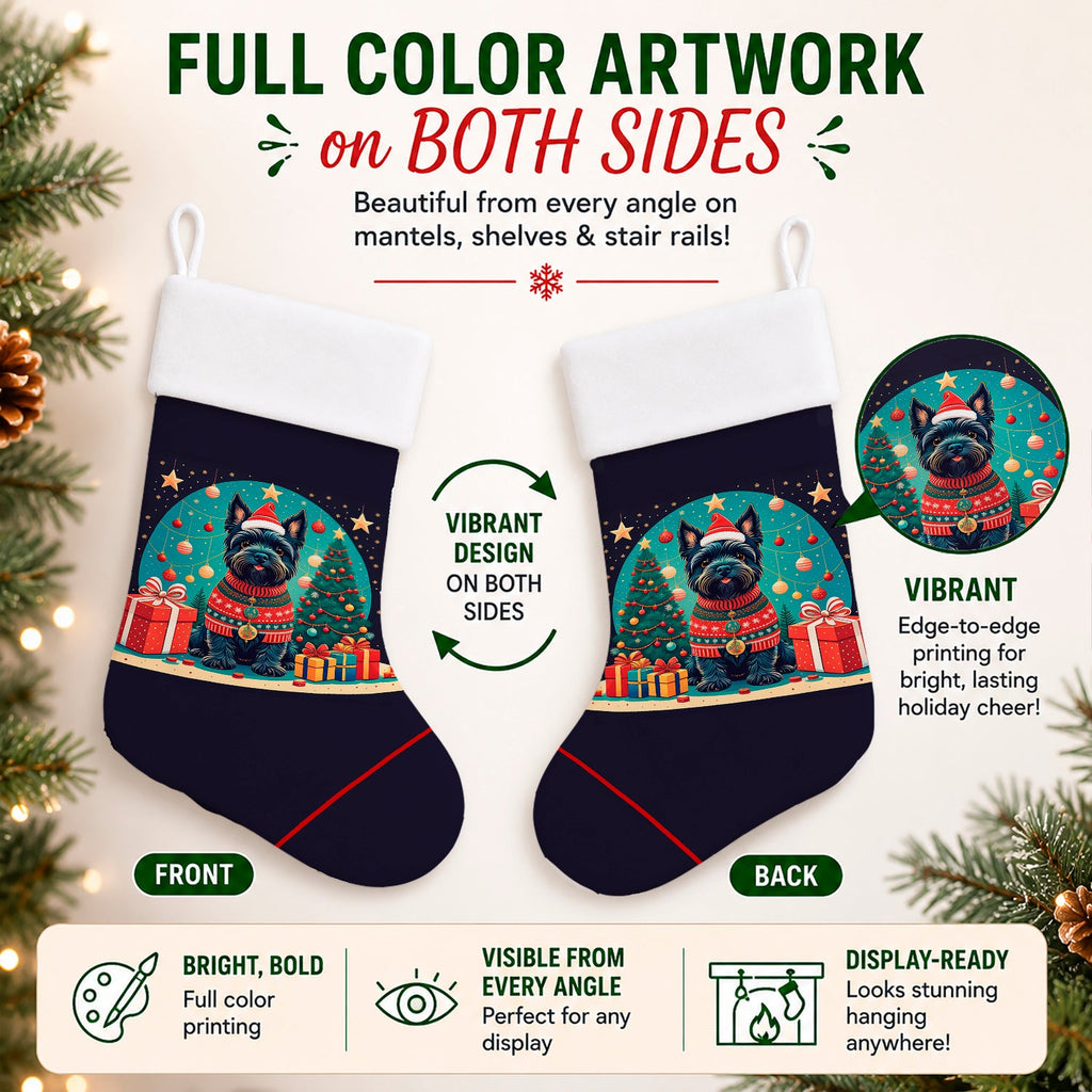Scottish Terrier Christmas Holiday Stocking Double-Sided Print, Polyester Suede,11x18, Made in USA