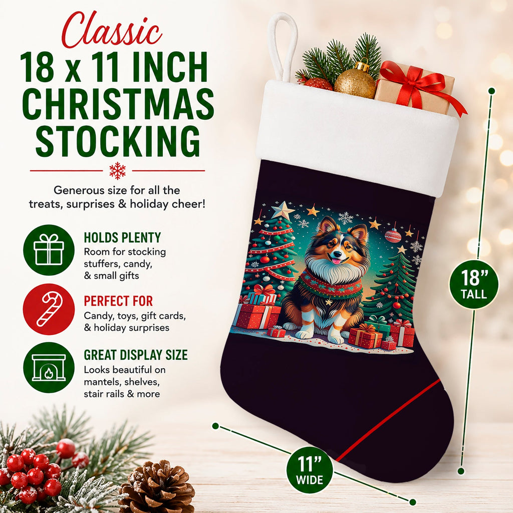 Sheltie Christmas Holiday Stocking Double-Sided Print, Polyester Suede,11x18, Made in USA