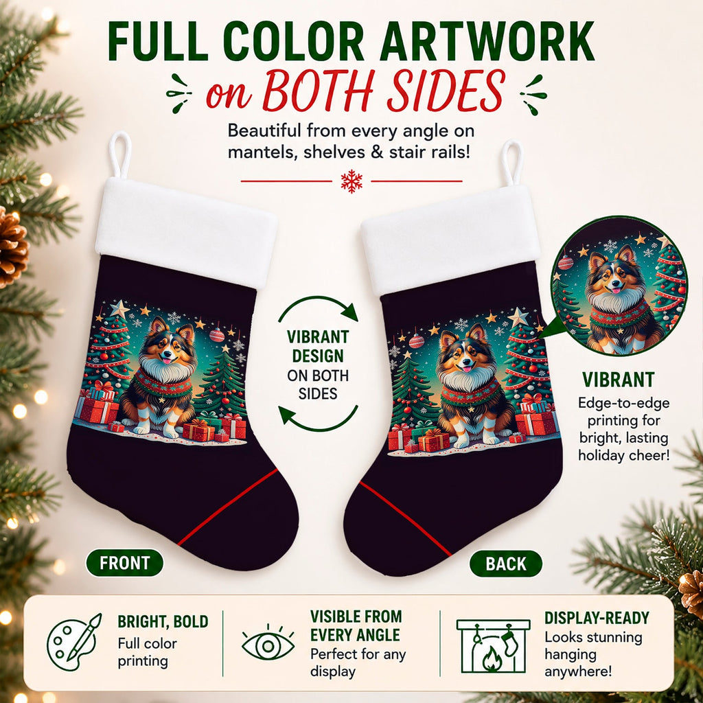 Sheltie Christmas Holiday Stocking Double-Sided Print, Polyester Suede,11x18, Made in USA