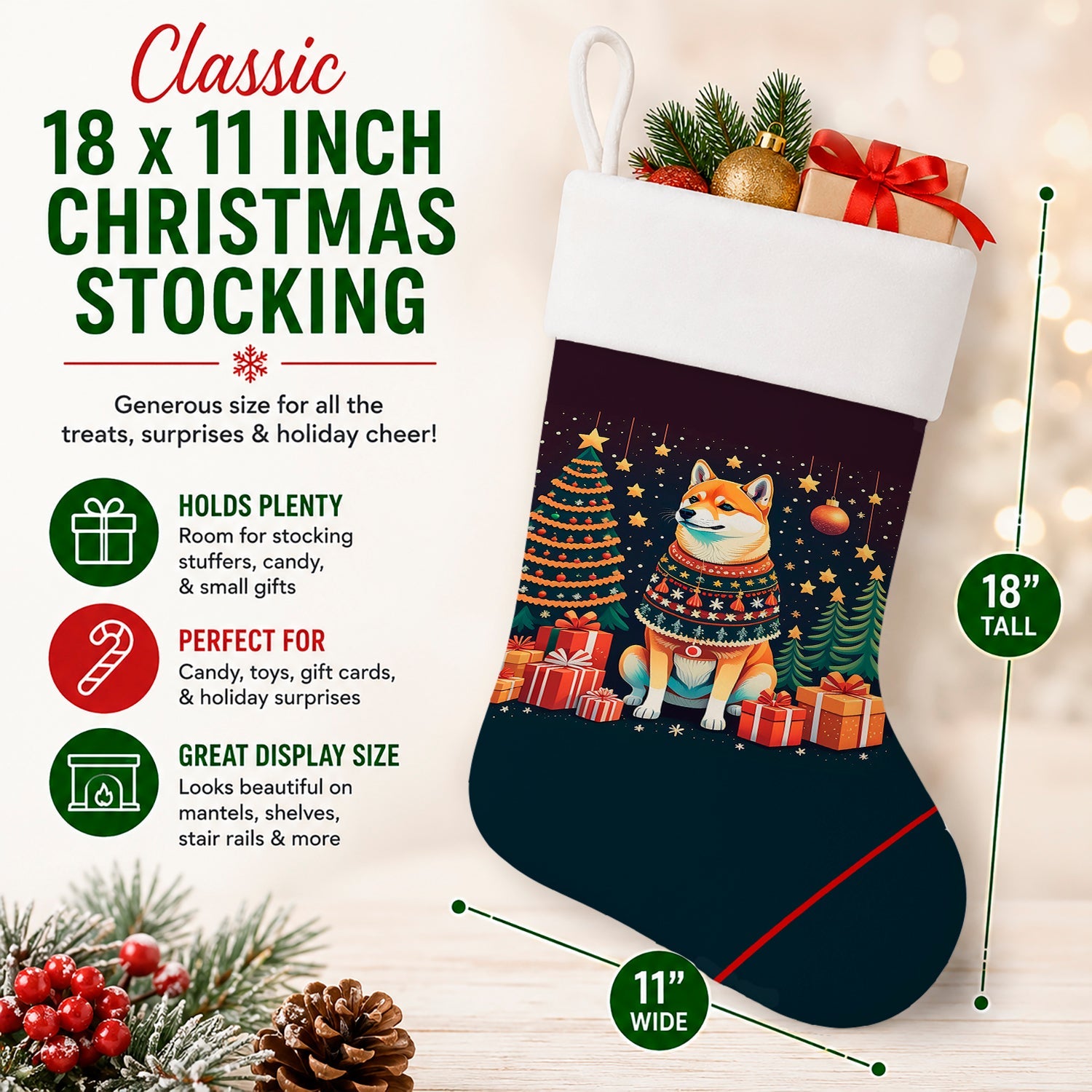 Shiba Inu Christmas Holiday Stocking Double-Sided Print, Polyester Suede,11x18, Made in USA
