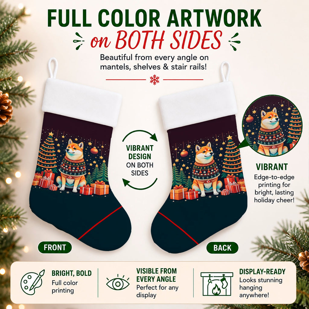 Shiba Inu Christmas Holiday Stocking Double-Sided Print, Polyester Suede,11x18, Made in USA