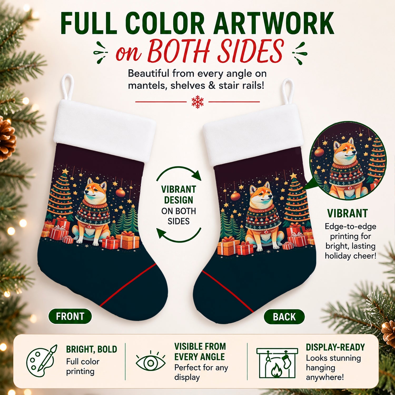 Shiba Inu Christmas Holiday Stocking Double-Sided Print, Polyester Suede,11x18, Made in USA