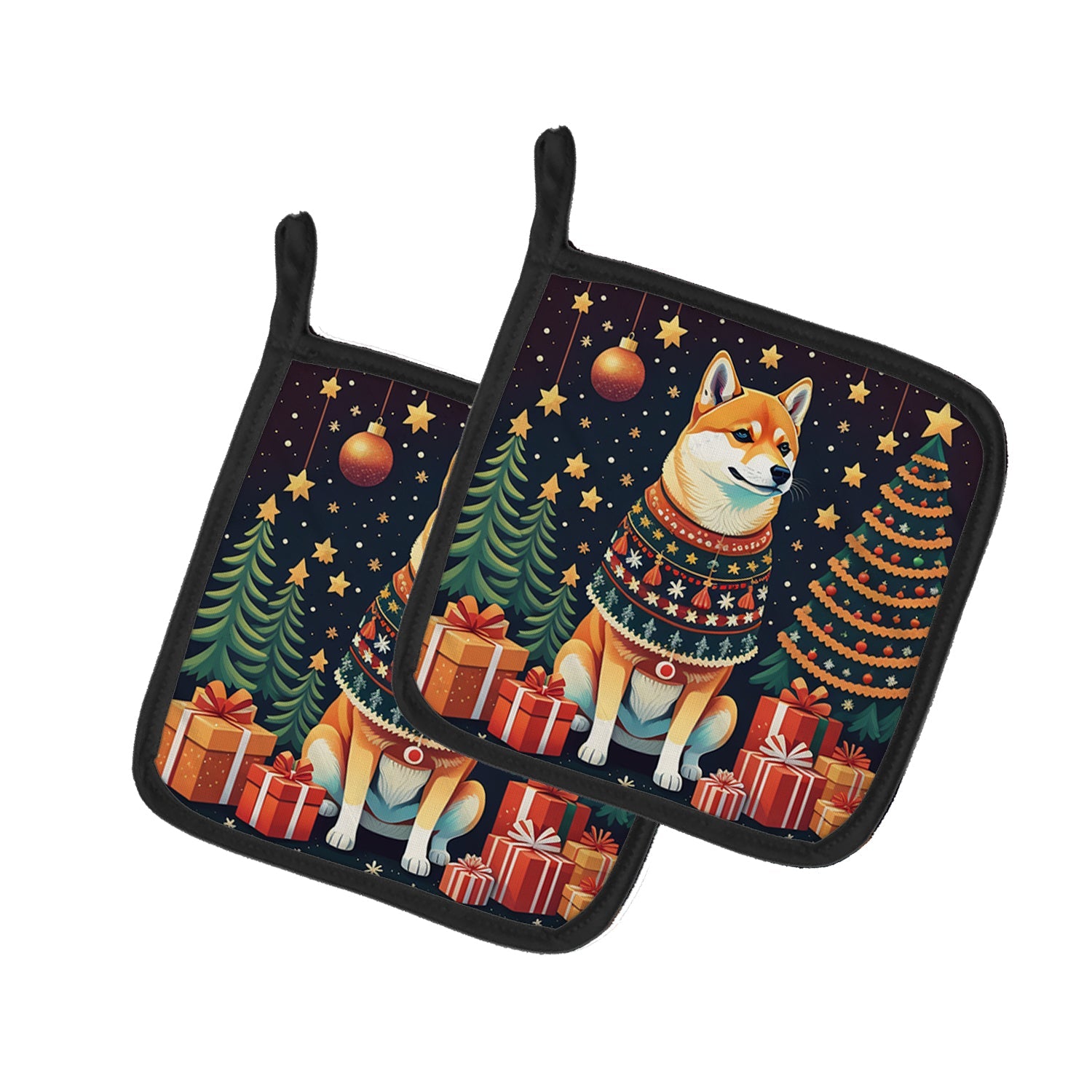 Shiba Inu Christmas Pot Holder Set of 2 Heat Resistant Quilted Hot Pads 7.5 x 7.5 Inch, Insulated Kitchen Trivets for Cooking & Baking