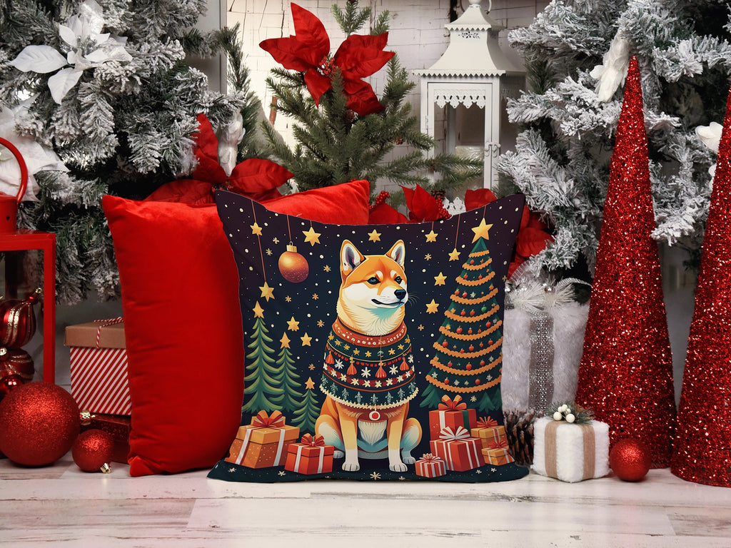 Shiba Inu Christmas Decorative Throw Pillow 14x14 Indoor Outdoor Accent Cushion, Fabric Cover with Insert for Sofa, Bed, Porch & Living Room