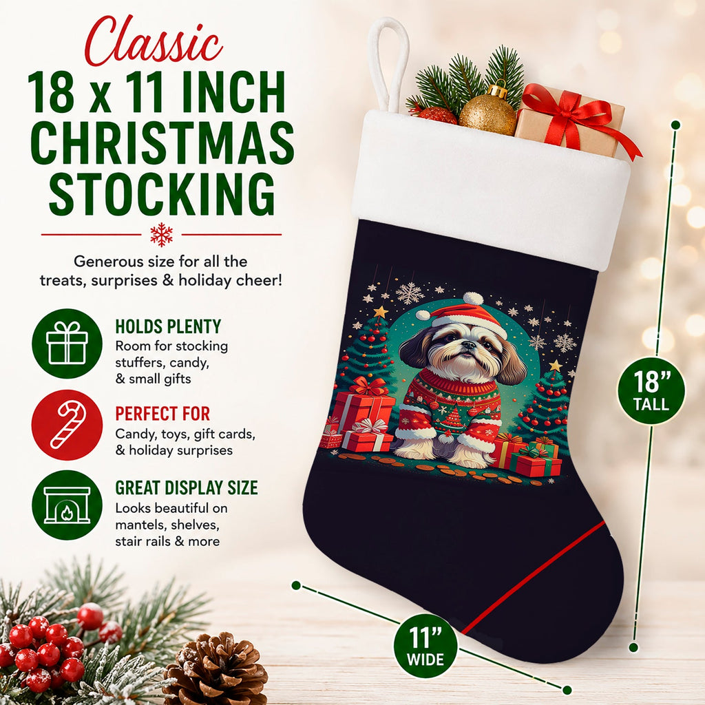 Shih Tzu Christmas Holiday Stocking Double-Sided Print, Polyester Suede,11x18, Made in USA
