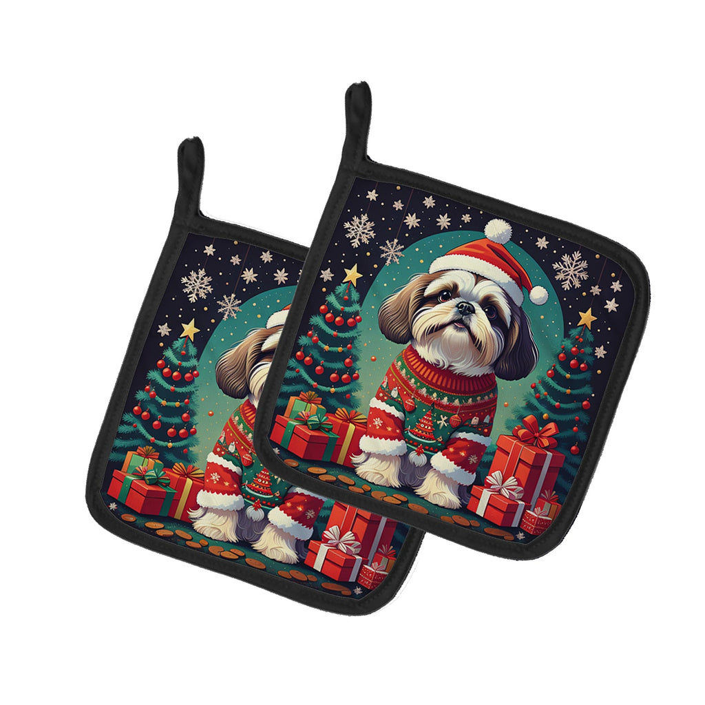 Shih Tzu Christmas Pot Holder Set of 2 Heat Resistant Quilted Hot Pads 7.5 x 7.5 Inch, Insulated Kitchen Trivets for Cooking & Baking