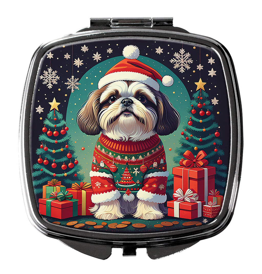 Shih Tzu Christmas Compact Mirror Decorative Travel Makeup Mirror for Women Girls Gifts Pocket Makeup Mirror Folding Handheld