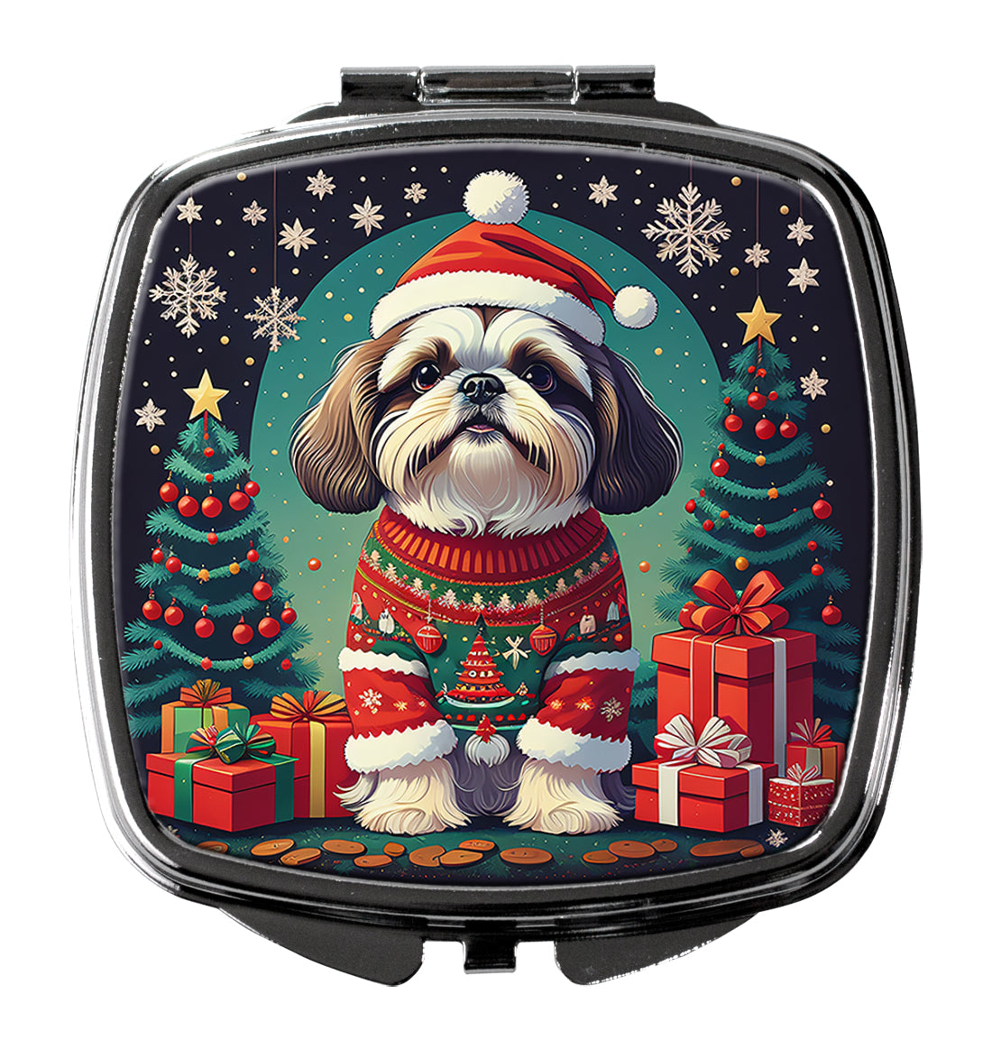 Shih Tzu Christmas Compact Mirror Decorative Travel Makeup Mirror for Women Girls Gifts Pocket Makeup Mirror Folding Handheld