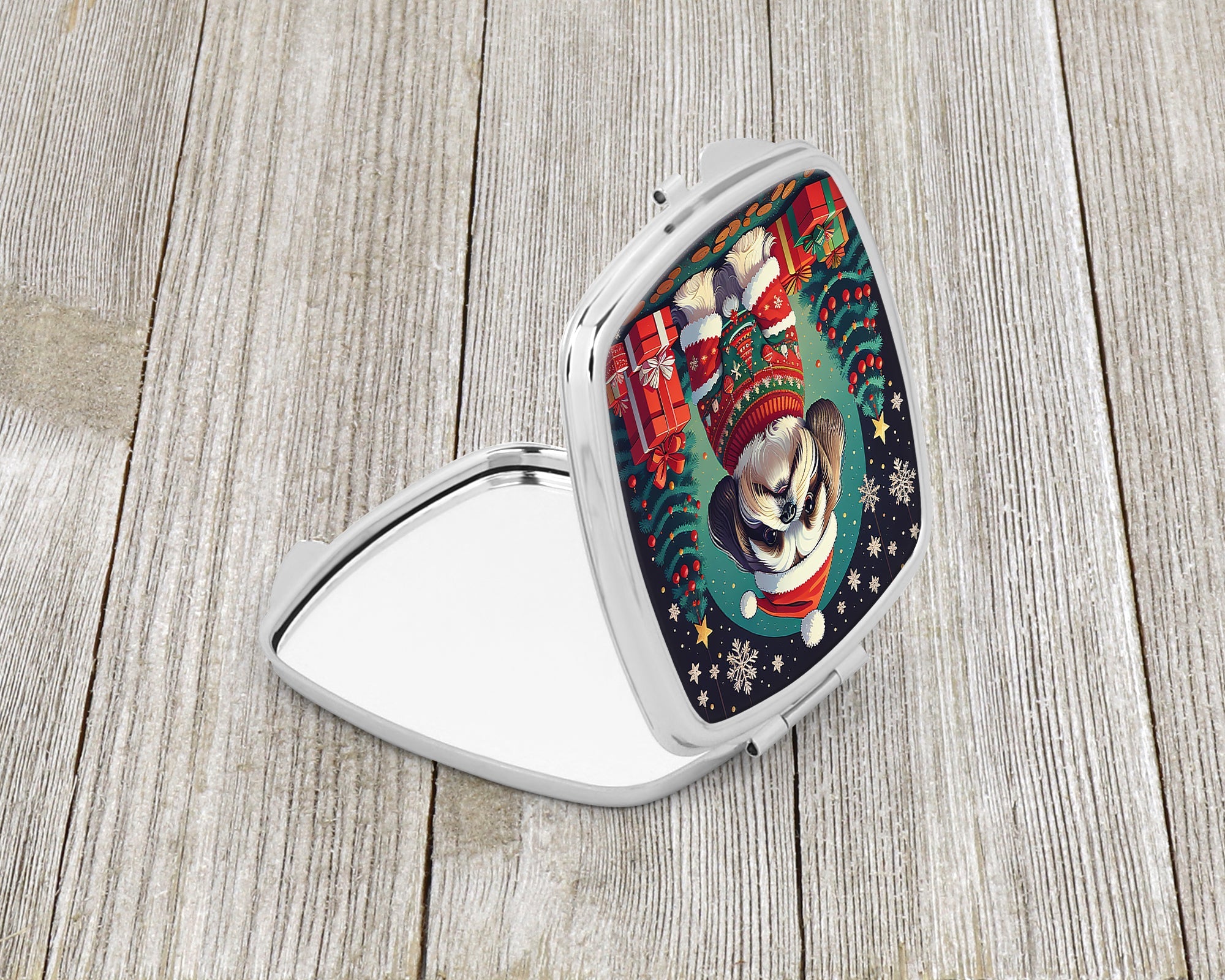 Shih Tzu Christmas Compact Mirror Decorative Travel Makeup Mirror for Women Girls Gifts Pocket Makeup Mirror Folding Handheld